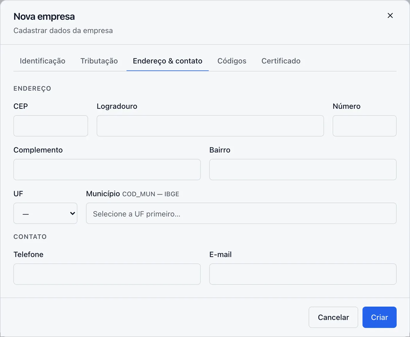Formulário de empresa na aba Endereço e contato
