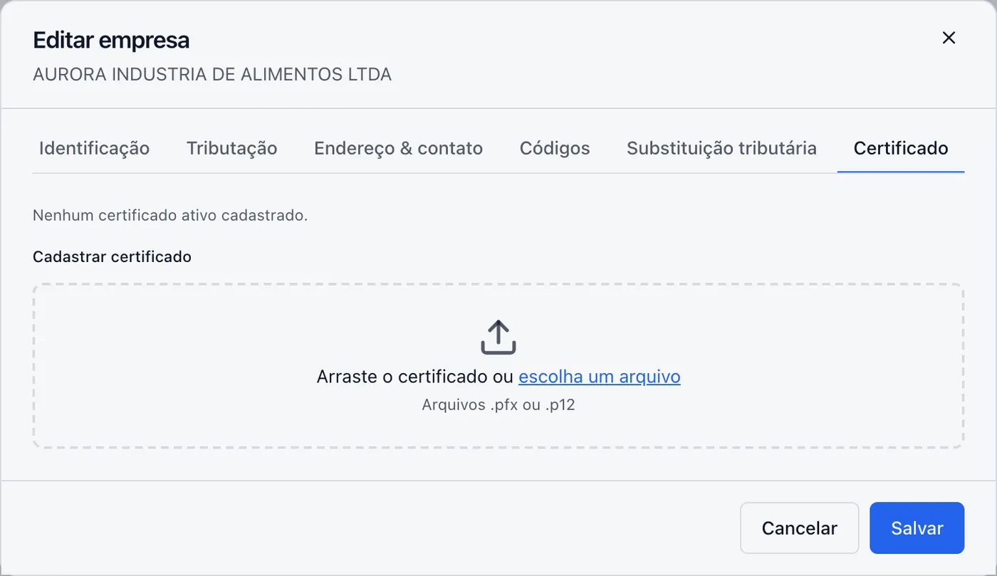 Aba de certificado digital com o certificado ativo e o histórico