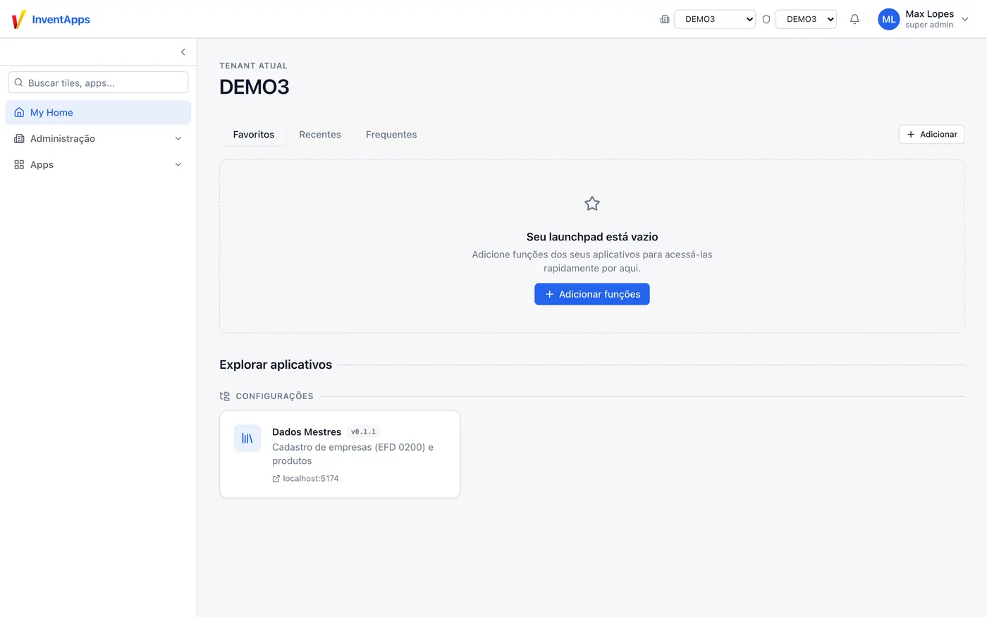 Launchpad do Hub, com os aplicativos da plataforma
