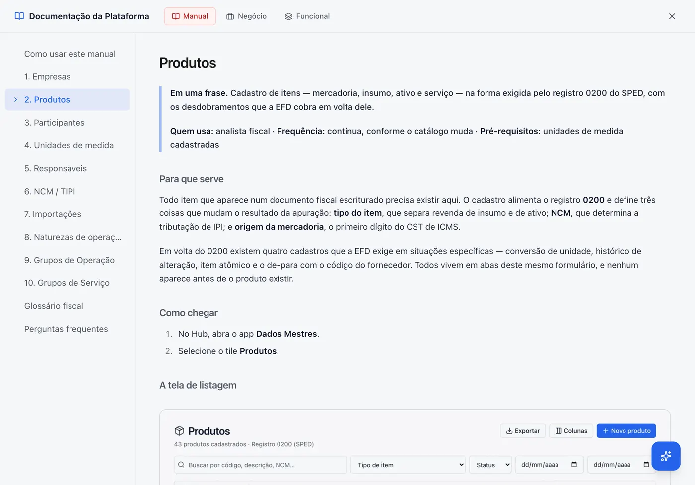 O manual aberto dentro do app, no capítulo da tela em uso