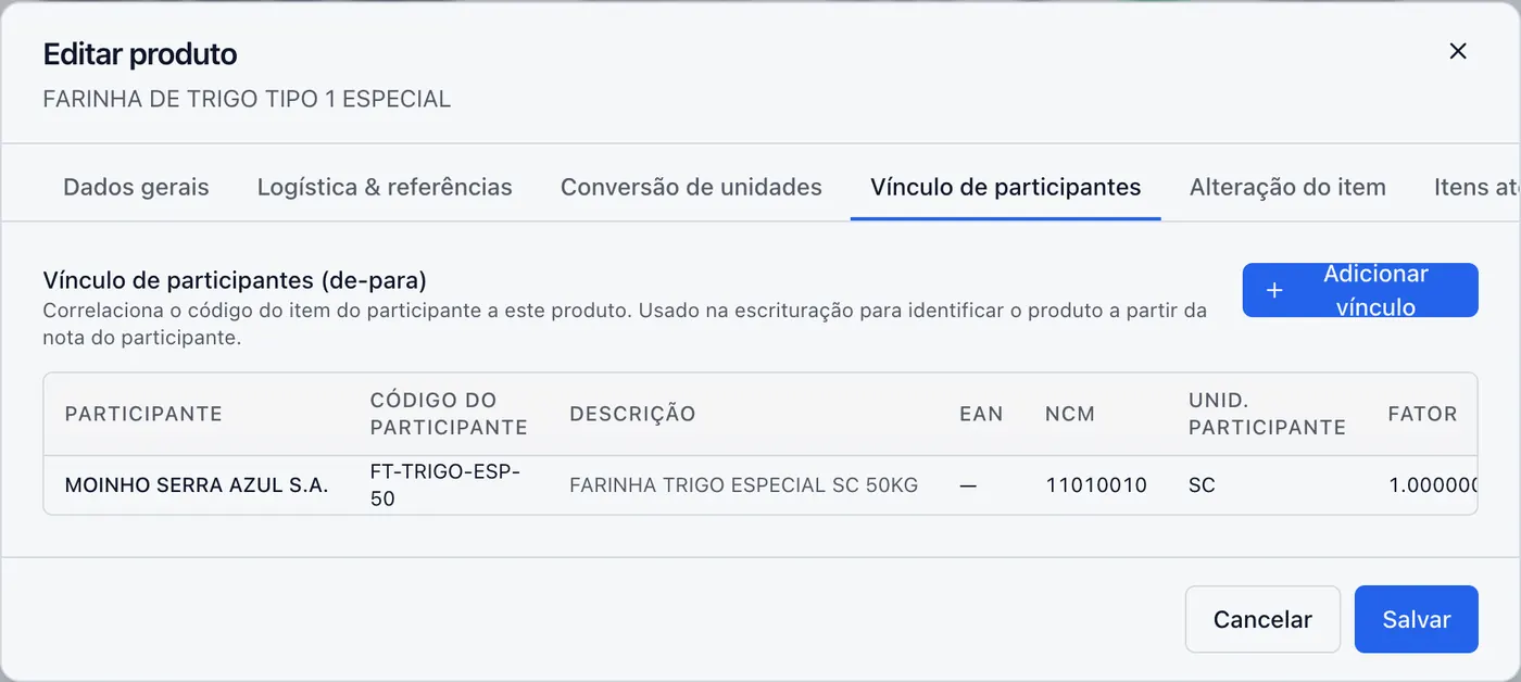 De-para entre o código do fornecedor e o produto interno