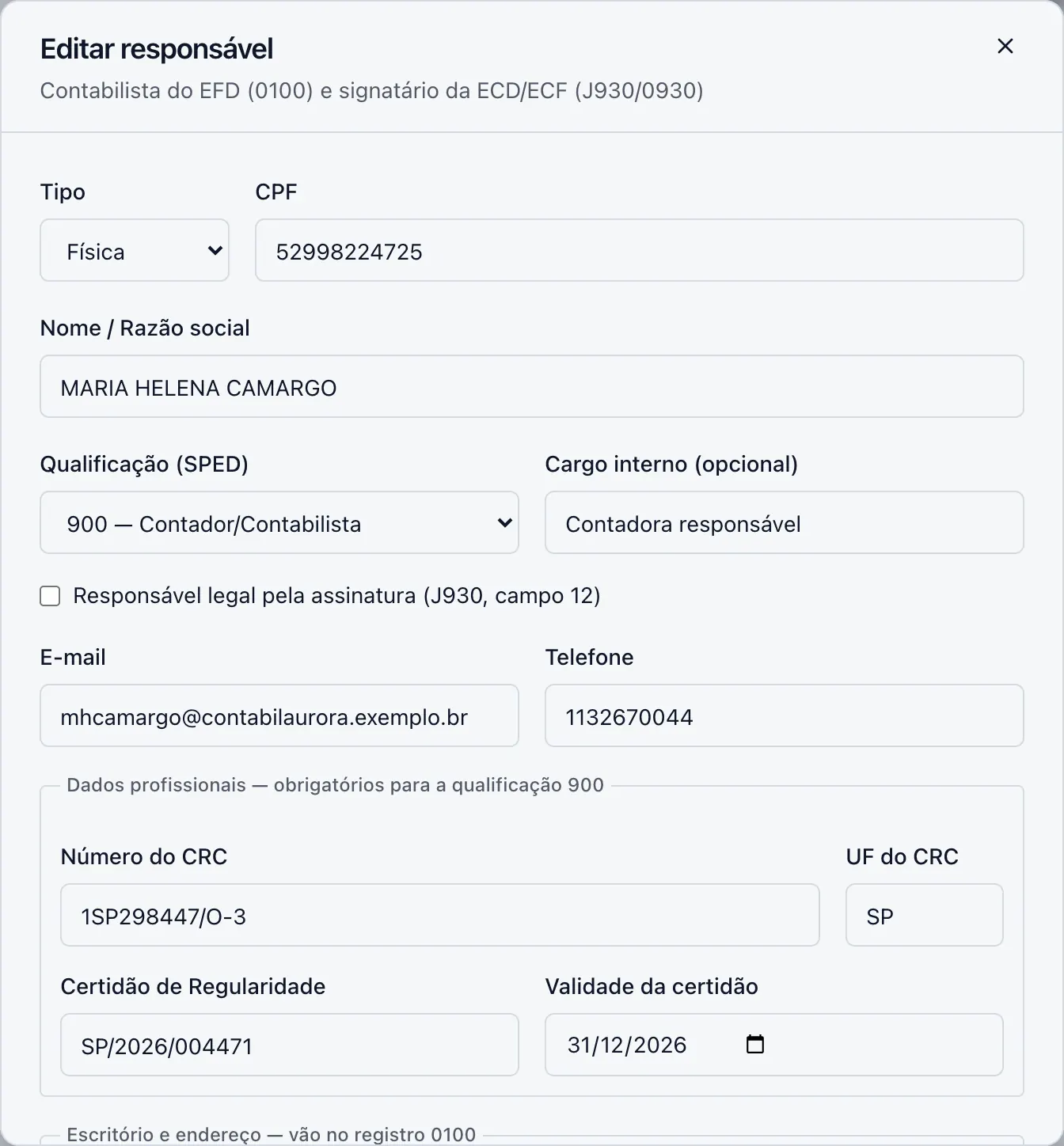 Formulário de responsável, com o bloco de CRC exigido pela qualificação 900